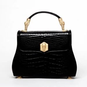A small black handbag with gold clip
