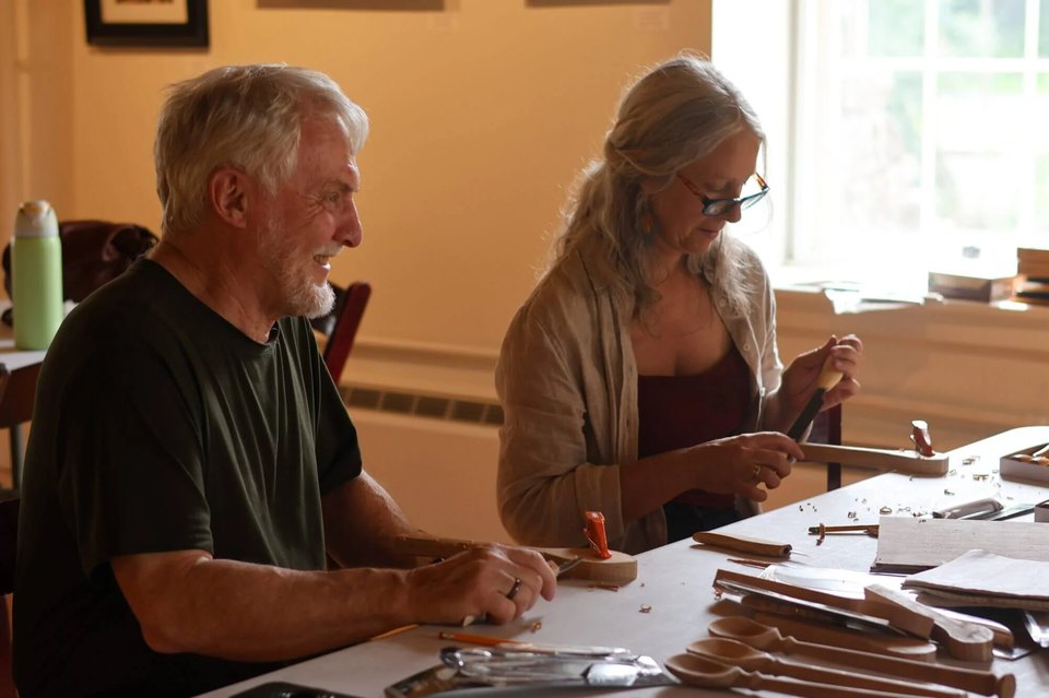 This wood carving class is one of many artisan craft classes couples enjoy during the Maker's Retreat in Bethlehem, PA.
